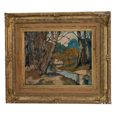 Sous-bois jurassien au bord du moulin - Huile sur toile - E.Laroux - 1915